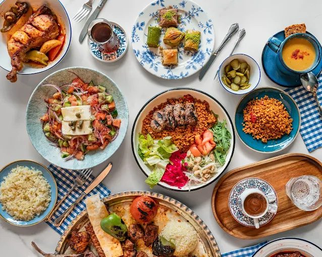 Turkish feast spread with meze and salads
